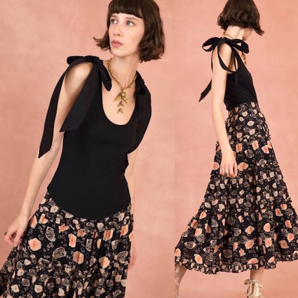 NWT Ulla Johnson Bailey Bow Shoulder Cotton Tank in Noir Black Size Small - Picture 2 of 11